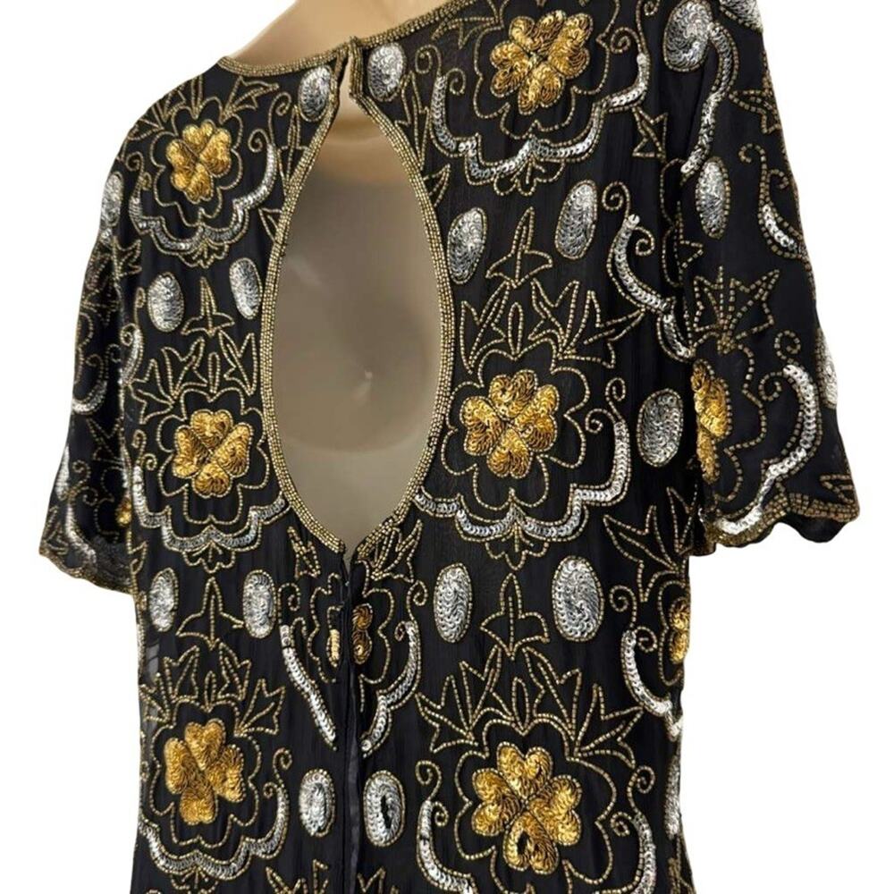 Adrianna Papell Evening Vintage Gold Silver Beaded Knee Length Formal Dress 12 - Picture 11 of 16